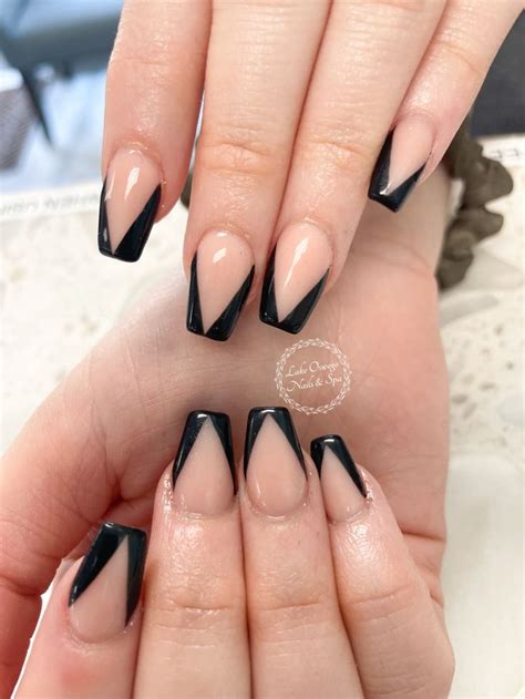 Acrylic nails, black French nails, triangle French, almond nails