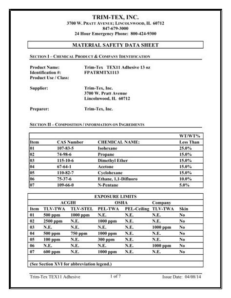 Trim Fix Adhesive Msds