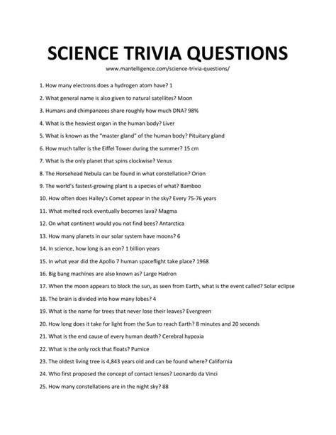 trivia questions in science with answers