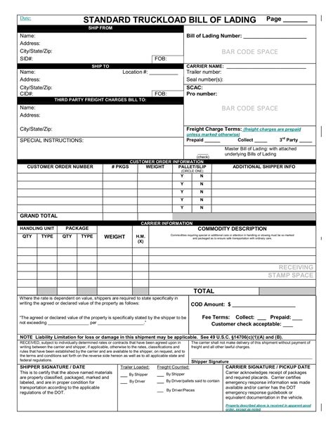 Truck Bill Of Lading Template