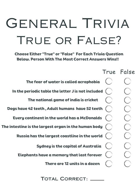 True And False Trivia Questions With Answers Printable
