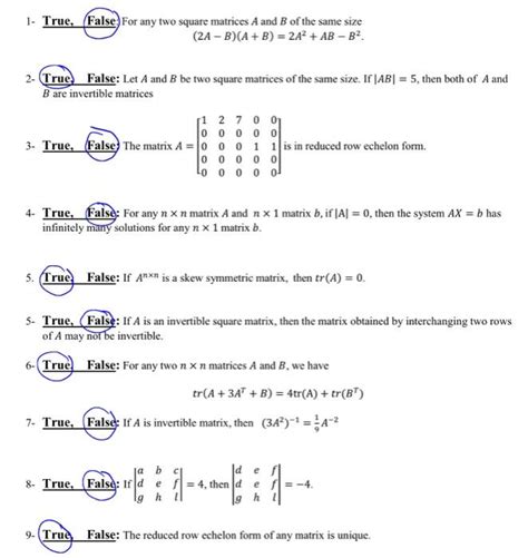 True False Questions About Matrices