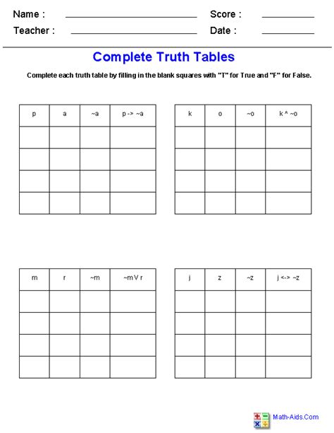 Truth Tables Worksheets