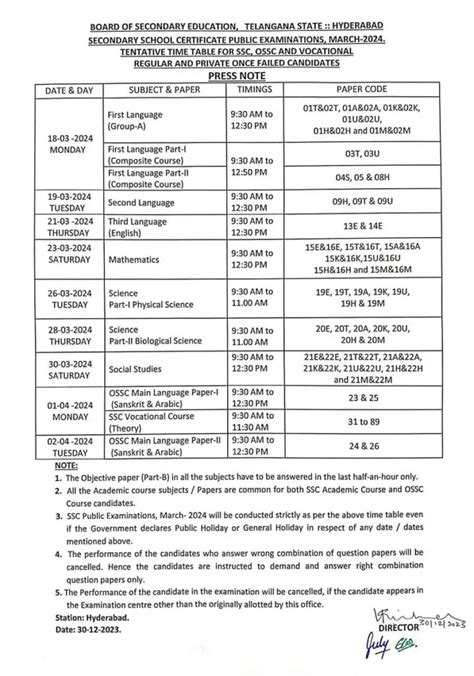 ts ssc exam time table 2024