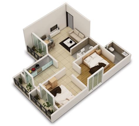 10 Awesome Two Bedroom Apartment 3D Floor Plans Architecture & Design