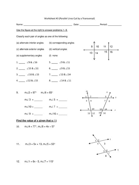 two parallel lines cut by a transversal worksheet with answers pdf