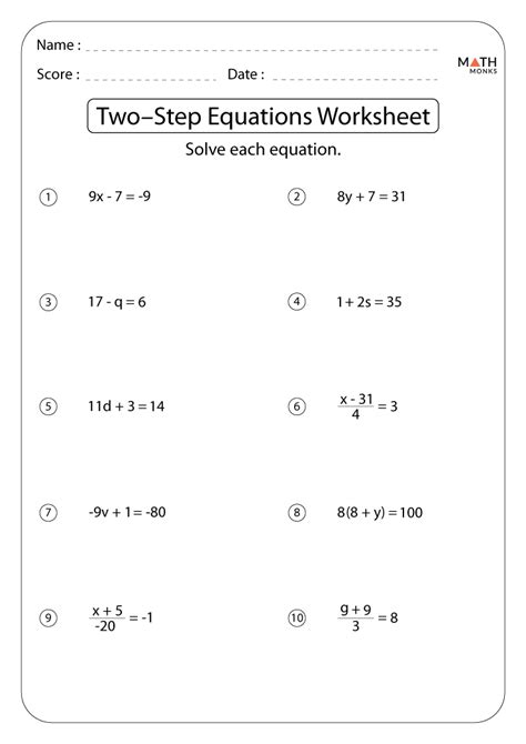 two step equation worksheet free