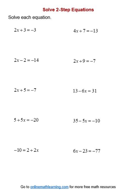 two step equations division printable template