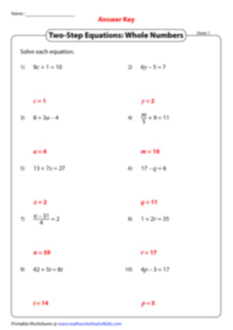 Two Step Equations Whole Numbers Answer Key