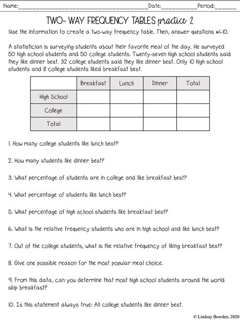 two way frequency table worksheet