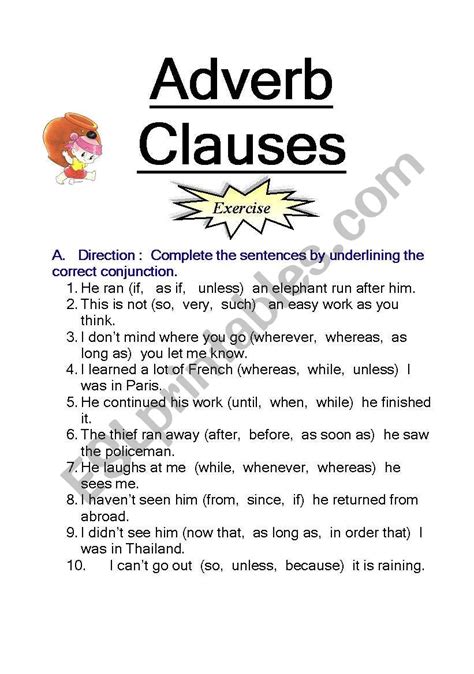types of adverb clauses exercises