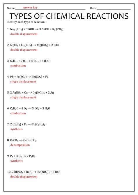 types of chemical reactions worksheet ch 7 answer key