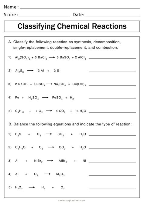 types of chemical reactions worksheet doc