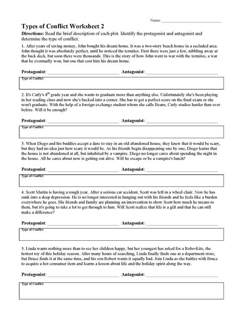 types of conflict worksheet 6th grade