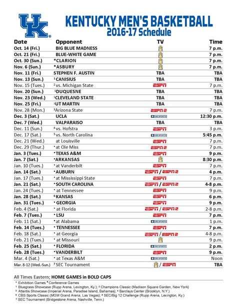 Printable 20192020 Kentucky Wildcats Basketball Schedule