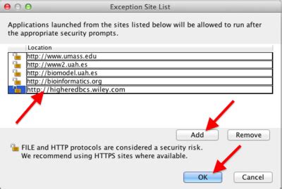 Unable To Add To Java Exception Site List