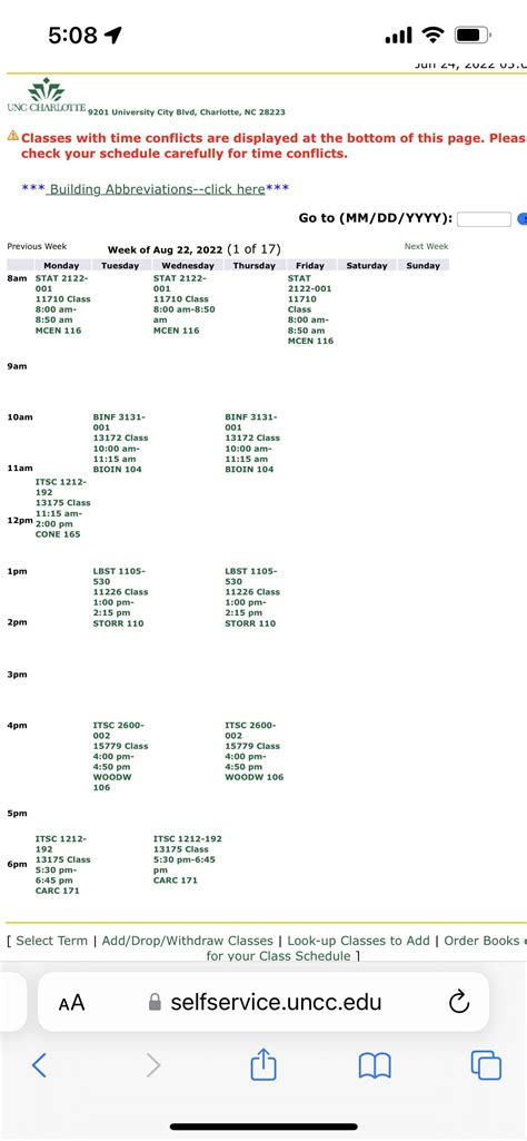 uncc schedule of classes