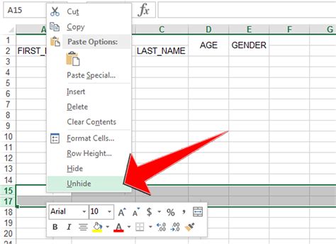 Unhide Row in Excel