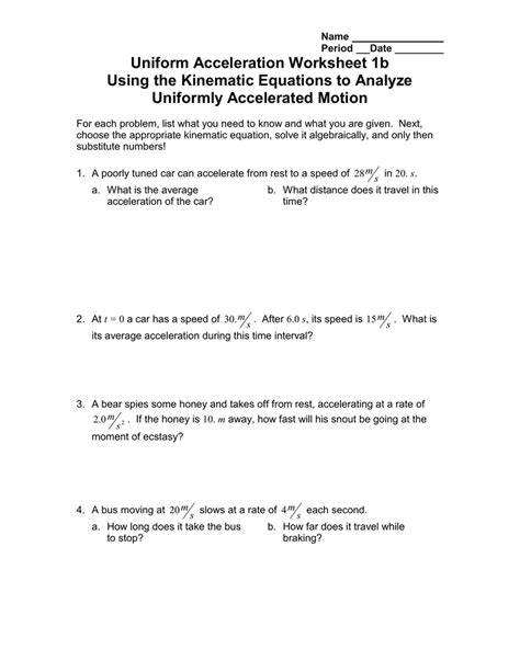 Uniform Acceleration Problems Worksheet