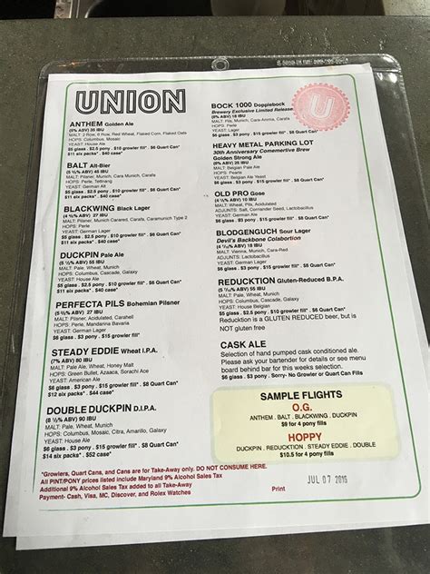 union brewery baltimore menu