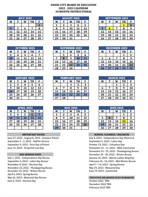 union nj school calendar 2022