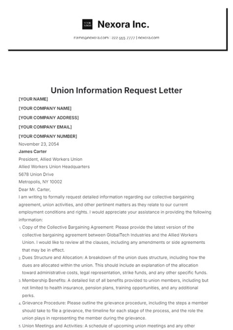 Union Request For Information Template
