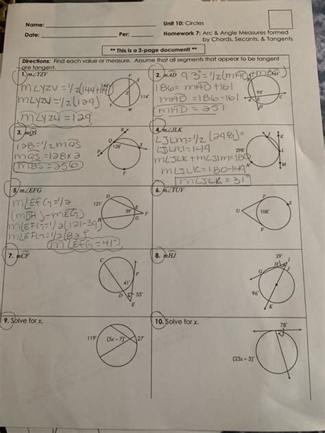 Unit 10 Circles Homework 7 Answer Key