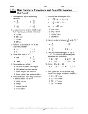 Unit 1 The Real Numbers Answer Key