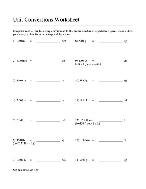 unit conversion chemistry worksheet with answers