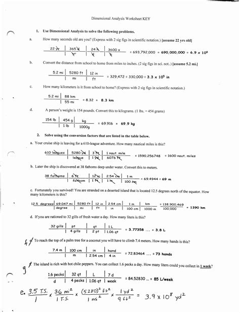 unit conversion dimensional analysis worksheet answers