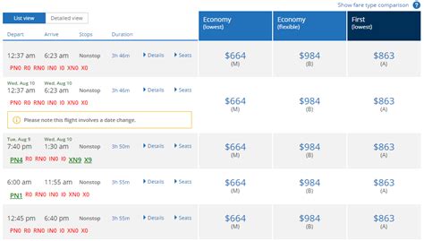 united airlines fares chart