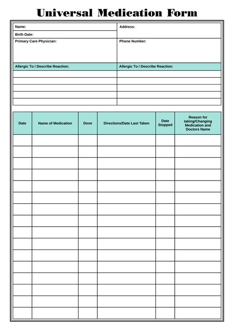 Universal Medication List Form