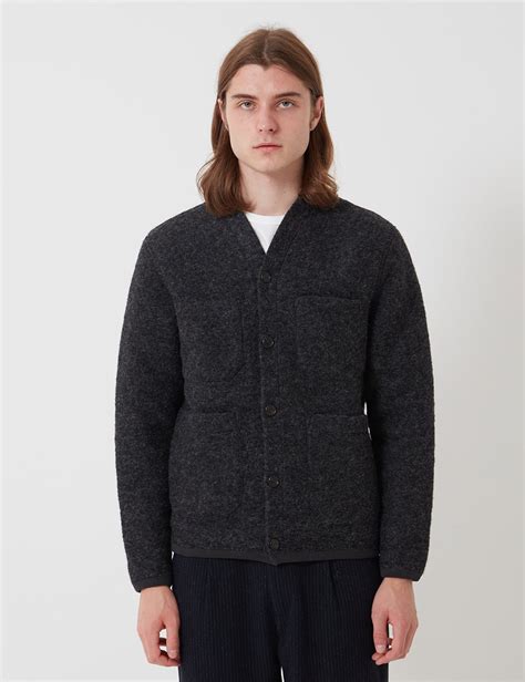 universal works cardigan in grey wool fleece