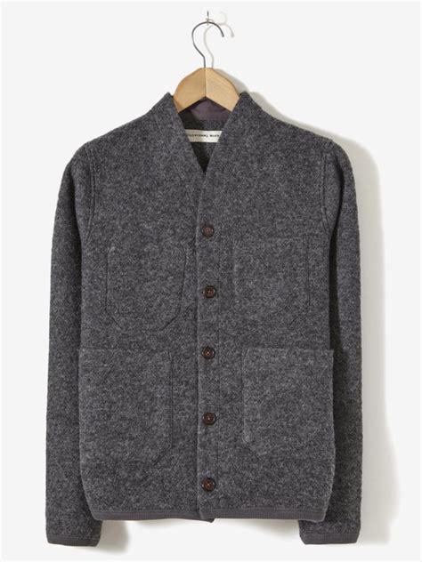 universal works cardigan in grey wool fleece