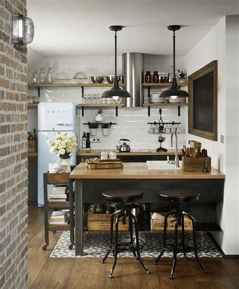 Urban rustic kitchen design with industrial touches and contrasts