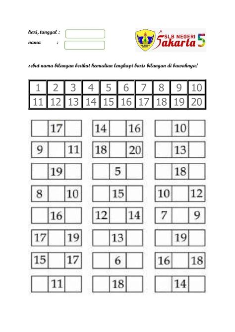 Lembar Latihan Melengkapi Urutan Bilangan Bang Pedia