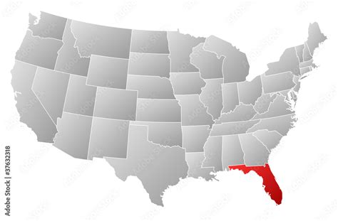 Florida highlighted red US map vector illustration. Gray background