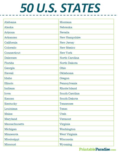 Us State List Printable