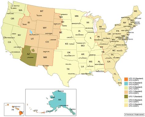 usa time zone map with cities and states