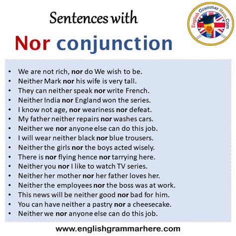 use nor in a sentence as a conjunction examples