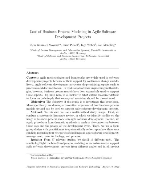 uses of business process modeling in agile software development projects