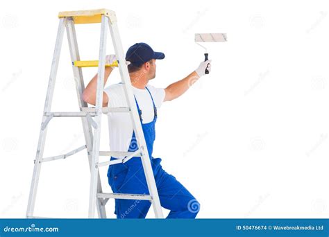 Using A Paint Roller On A Ladder
