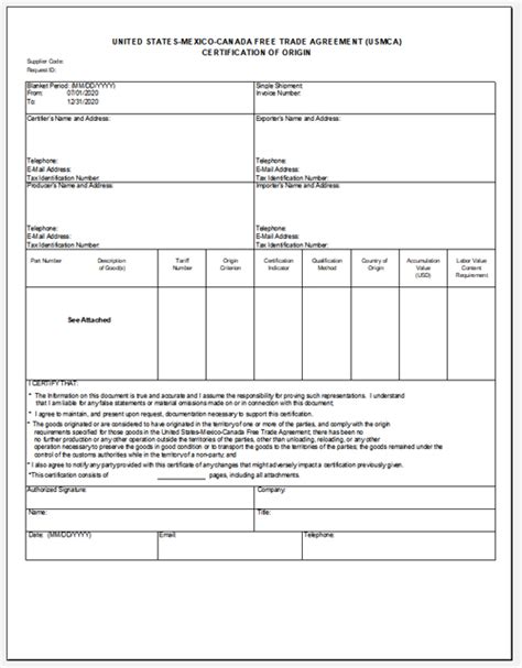 usmca certificate of origin form template