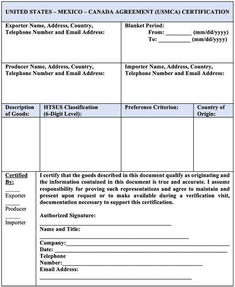 usmca certificate usmca form template