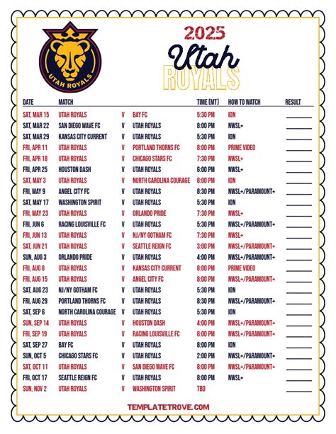 Utah Royals Schedule Printable