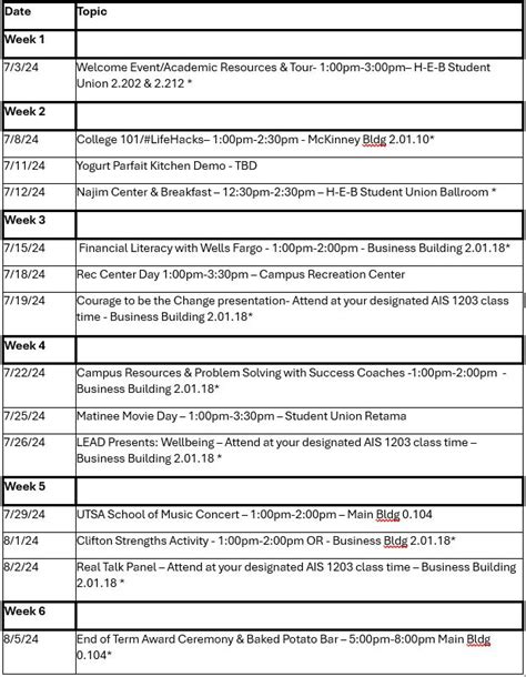 Utsa Summer Calendar