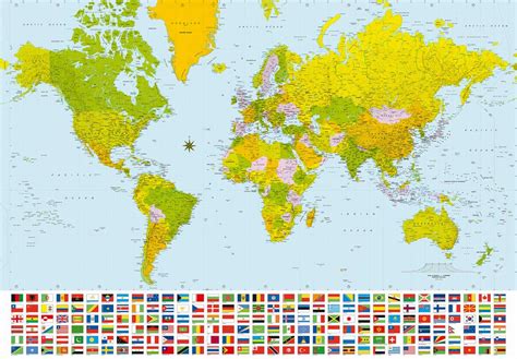 Världskarta Och Flaggor Gränser, Länder Och Städer