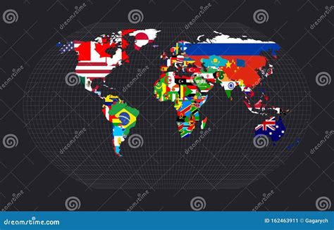 Världskarta med flaggan vektor illustrationer. Illustration av athwart