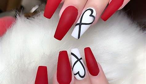 Matted red Valentine’s Day long ballerina nails Heart Nail Designs
