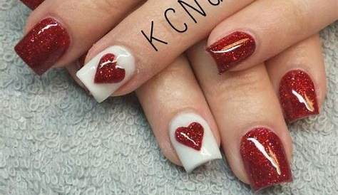 Valentines Nails Dark Red Valentine Gel Heart Hand Painted Nail